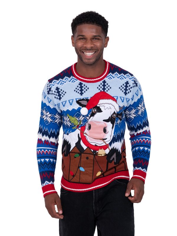 Seasons Greeting Cow Pullover Sweater with Drink Pocket