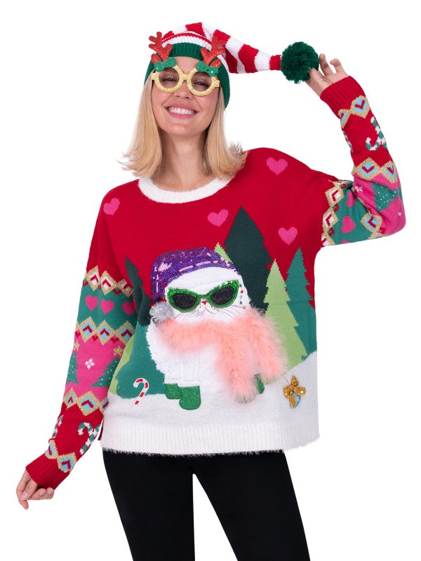 Boujie Cat & Boa Christmas Sweater