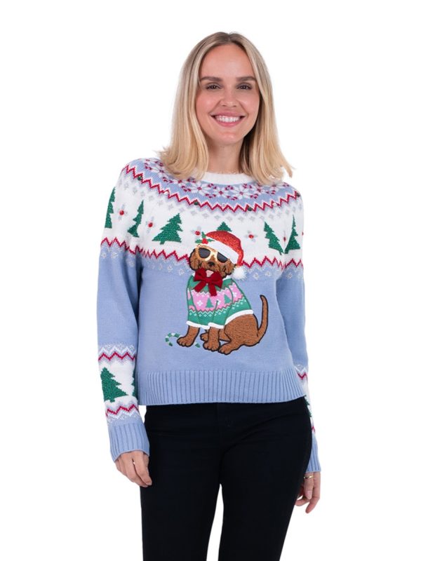 Dog and Trees Long Sleeve Crewneck Christmas Sweater