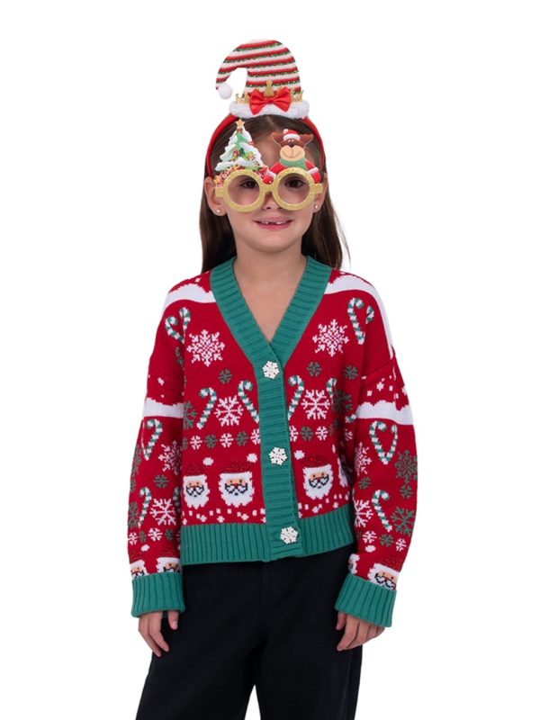 Elf Santa Candy Cane Crop Long Sleeve V-Neck Button Front Cardigan Sweater
