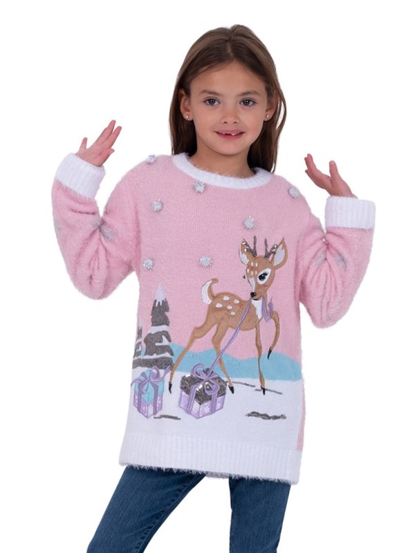 Fawn with Presents Long Sleeve Crewneck Pullover Sweater