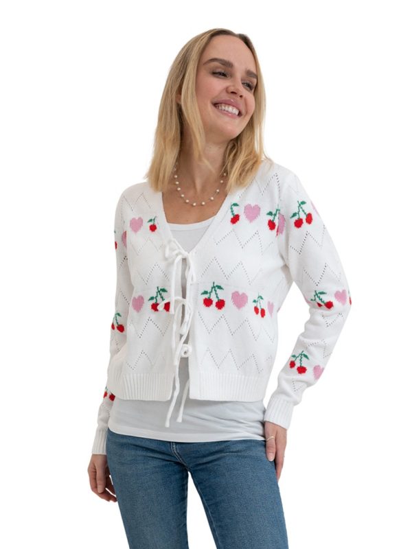 "Mommy & Me" Cherries & Hearts Tie Front Pointelle Cardigan for Women