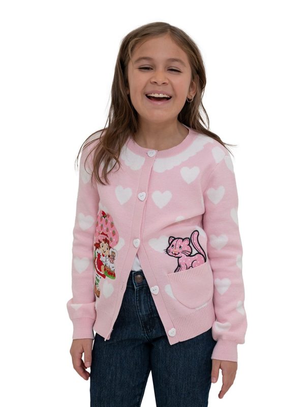 Strawberry Shortcake Button Front Crewneck Long Sleeve Cardigan with Front Pocket