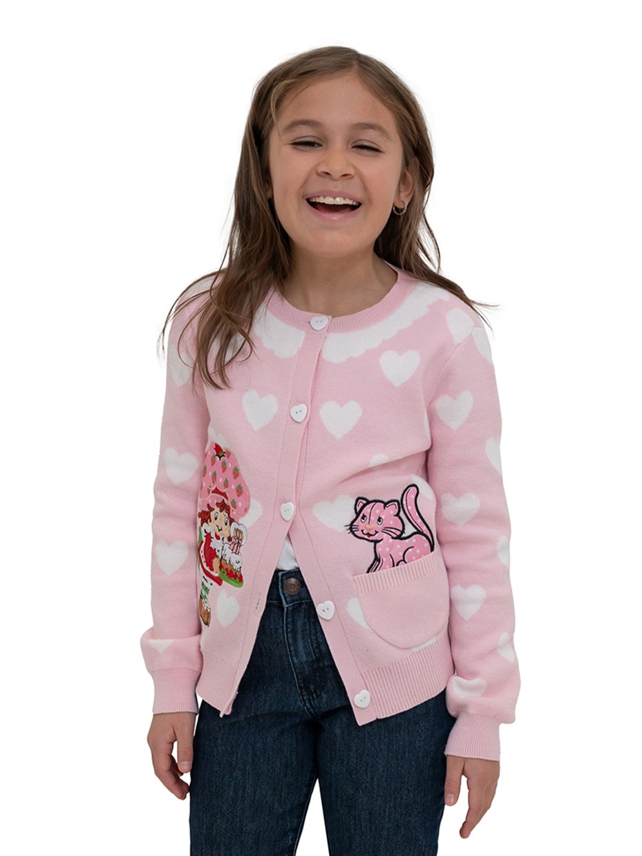 Strawberry Shortcake Button Front Crewneck Long Sleeve Cardigan with Front Pocket