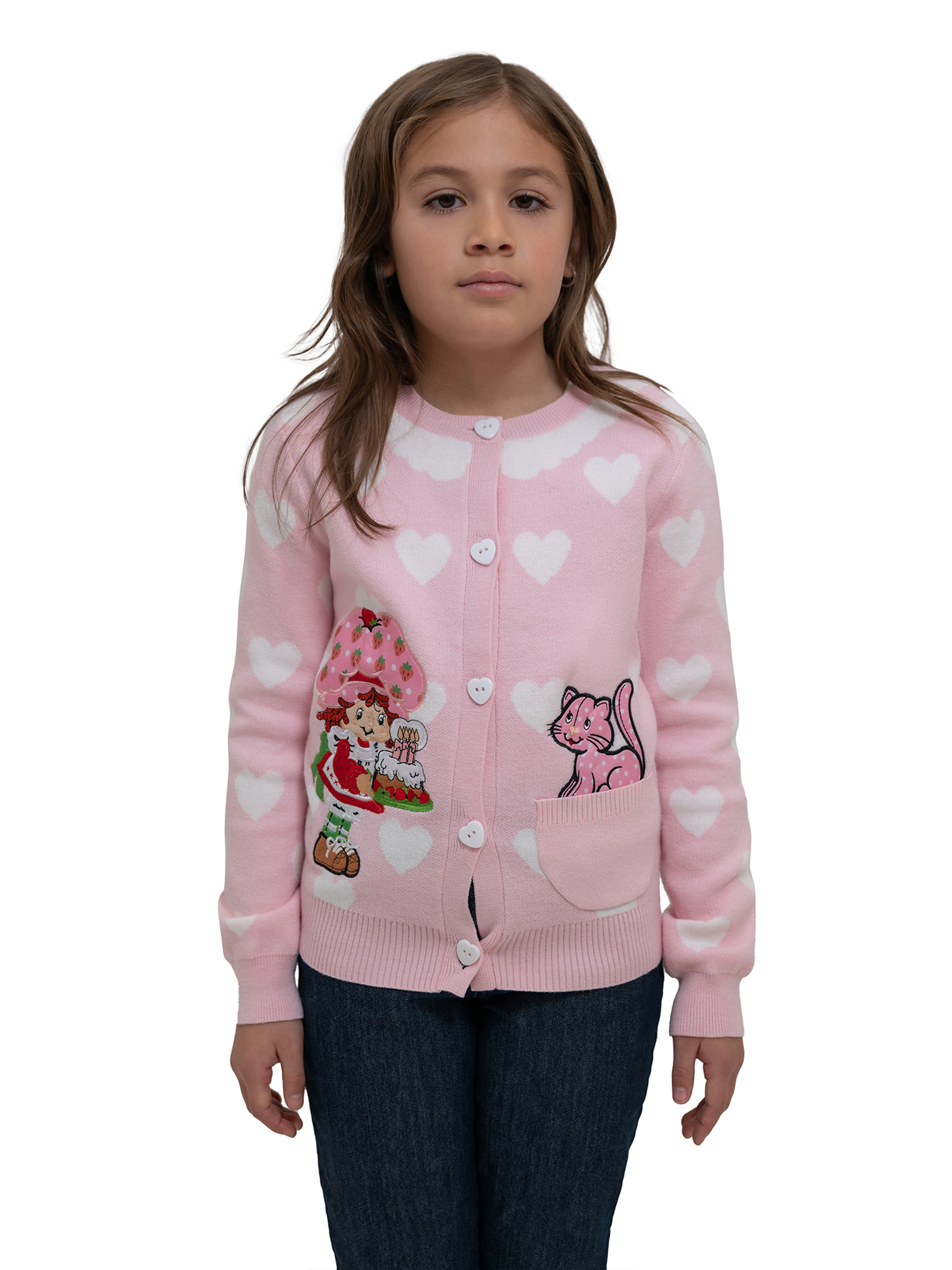 Strawberry Shortcake Button Front Crewneck Long Sleeve Cardigan with Front Pocket - Image 4