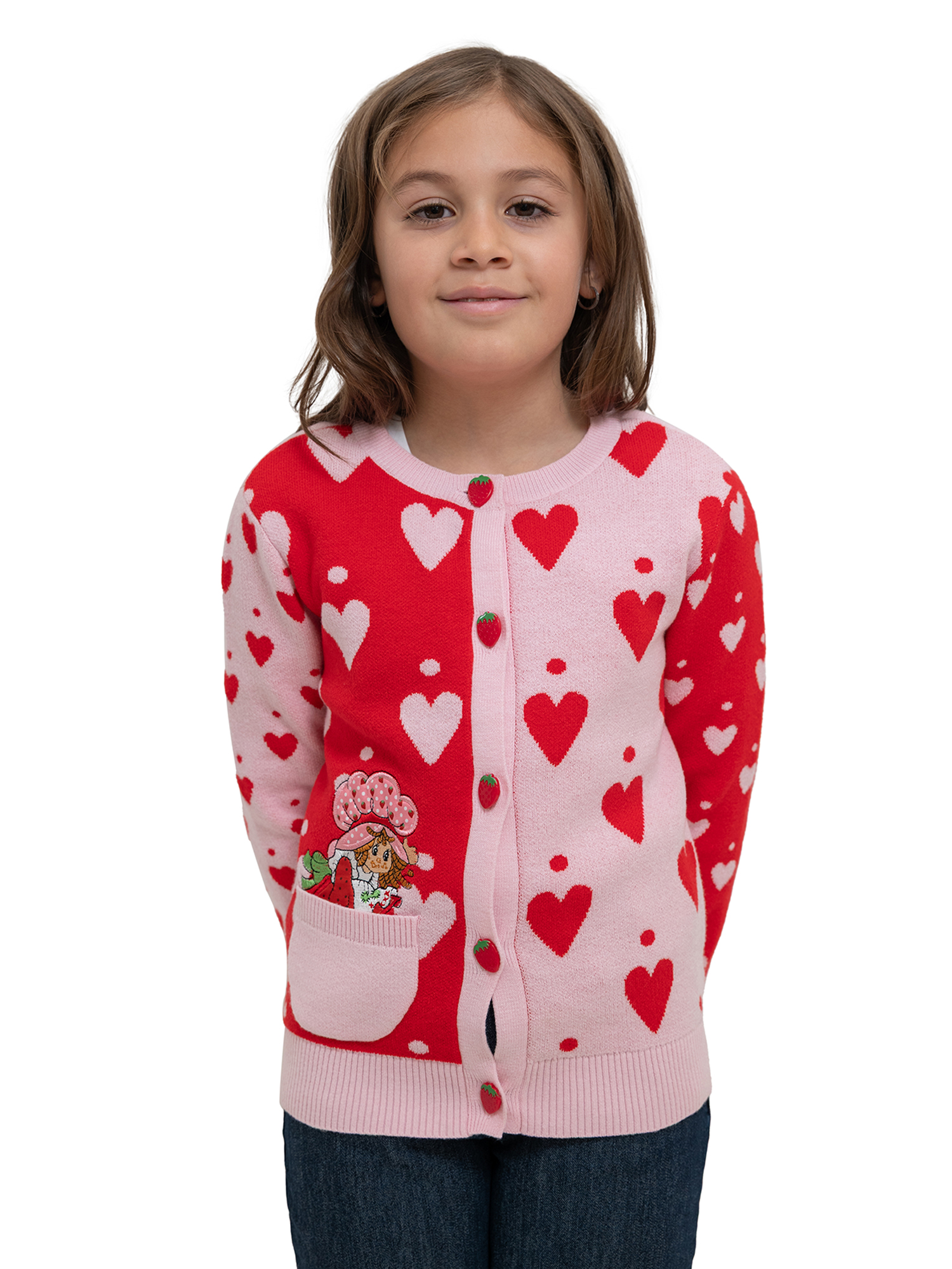 Strawberry Shortcake Button Front Crewneck Long Sleeve Cardigan with Front Pocket