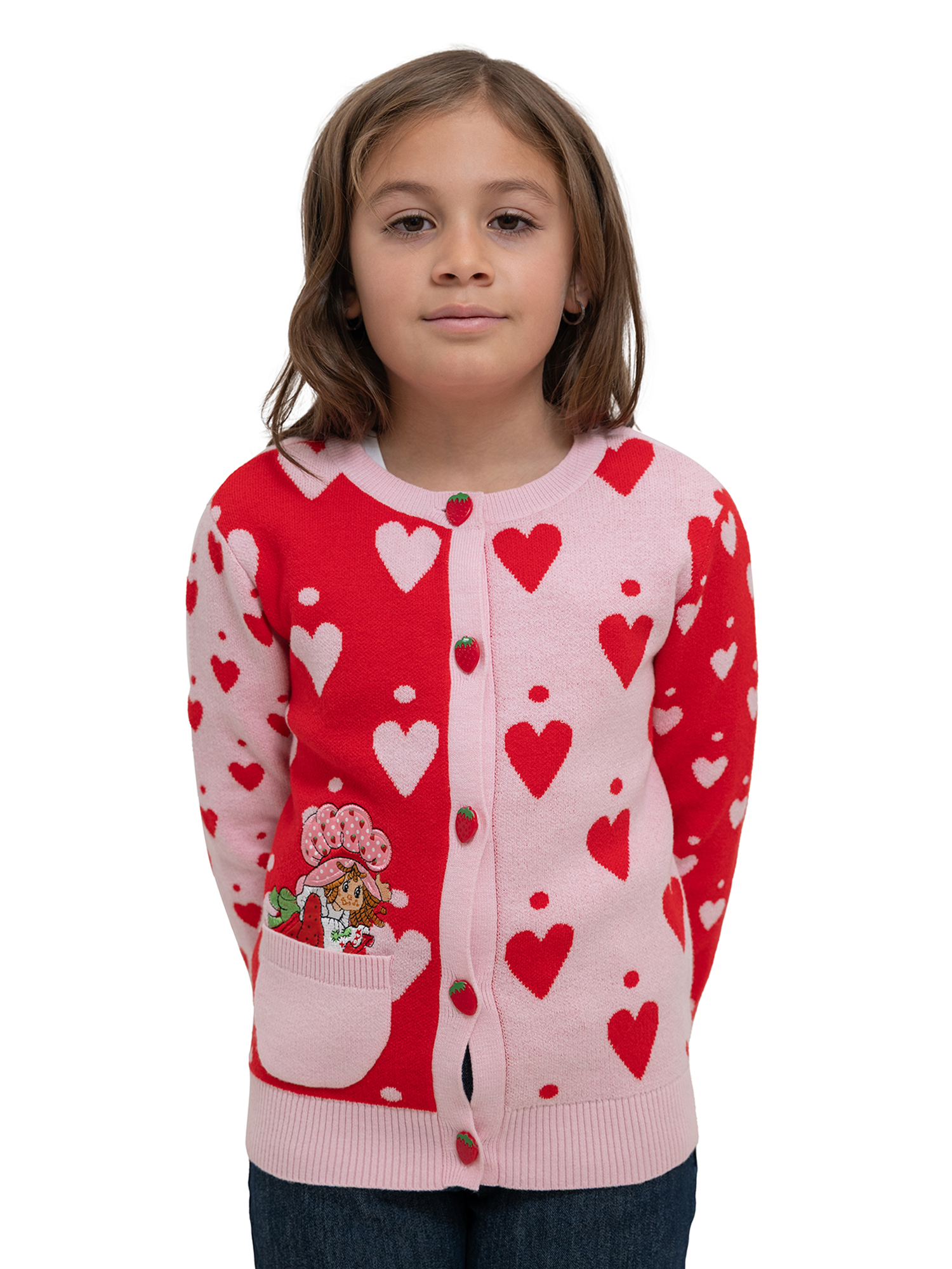 Strawberry Shortcake Button Front Crewneck Long Sleeve Cardigan with Front Pocket - Image 3